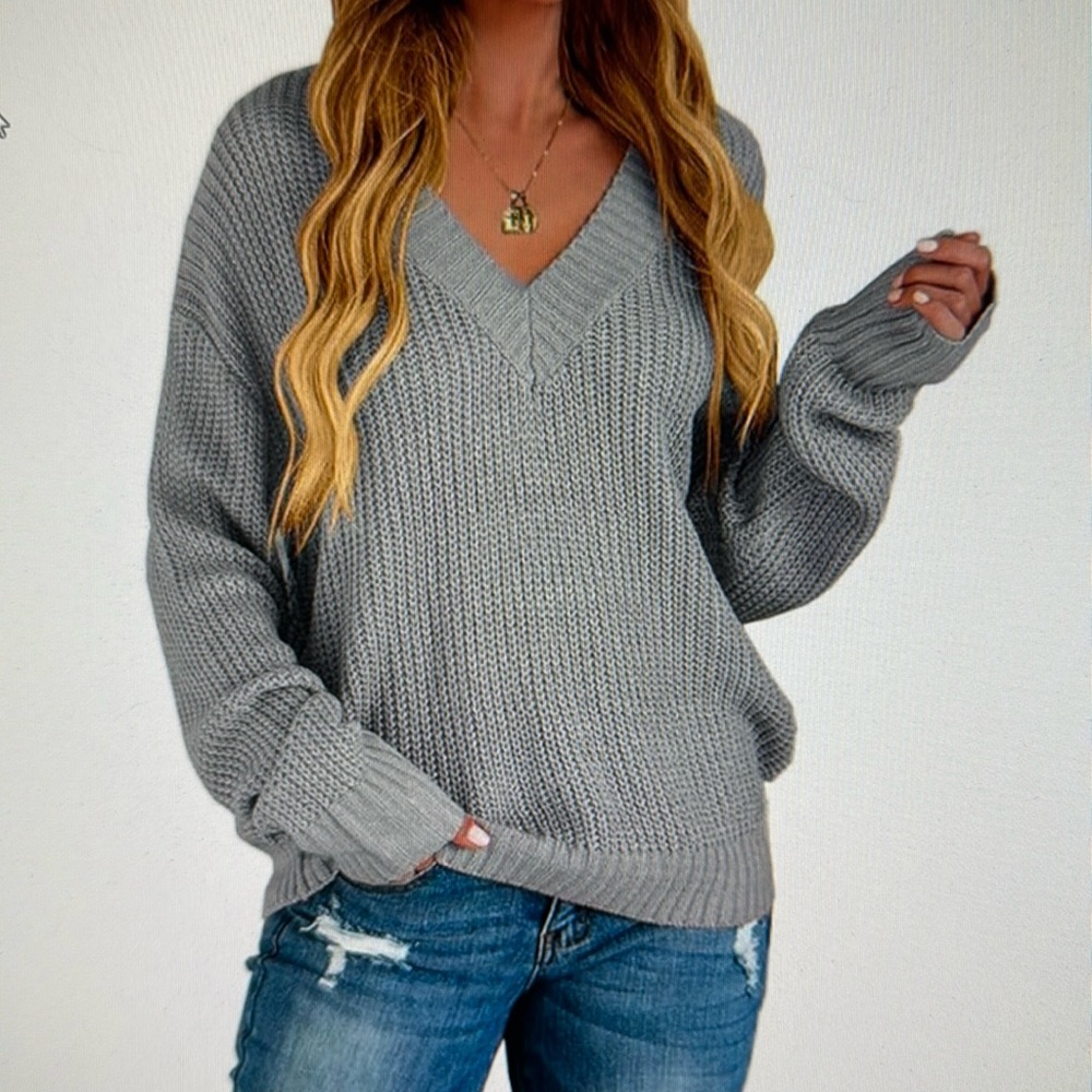 Ladies V-Neck Sweater - Gray